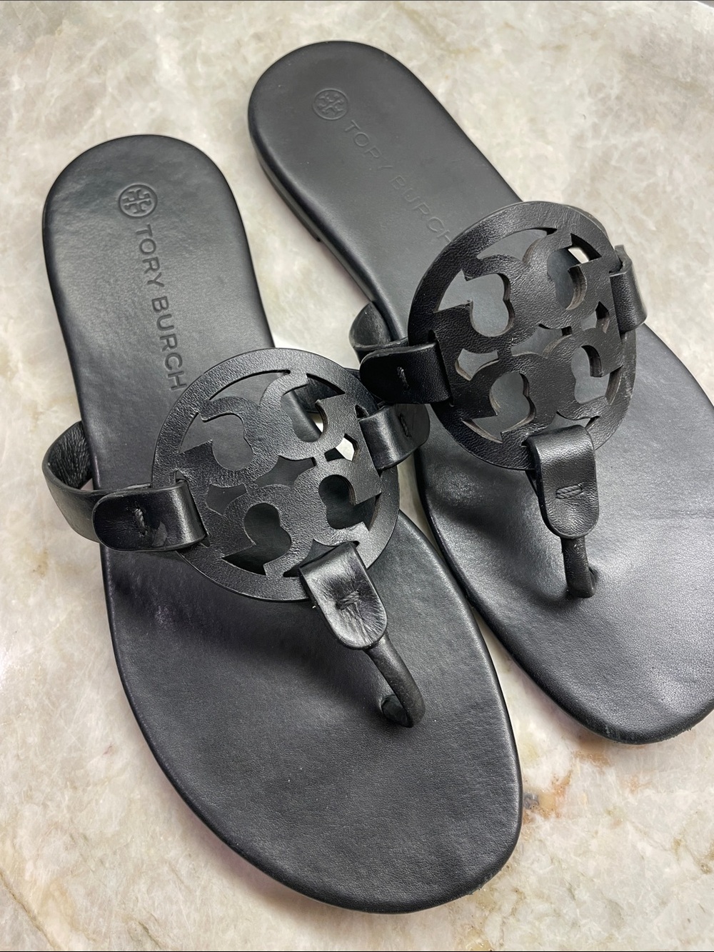 Tory Burch Black Leather Logo Thong Sandals - Miller Style